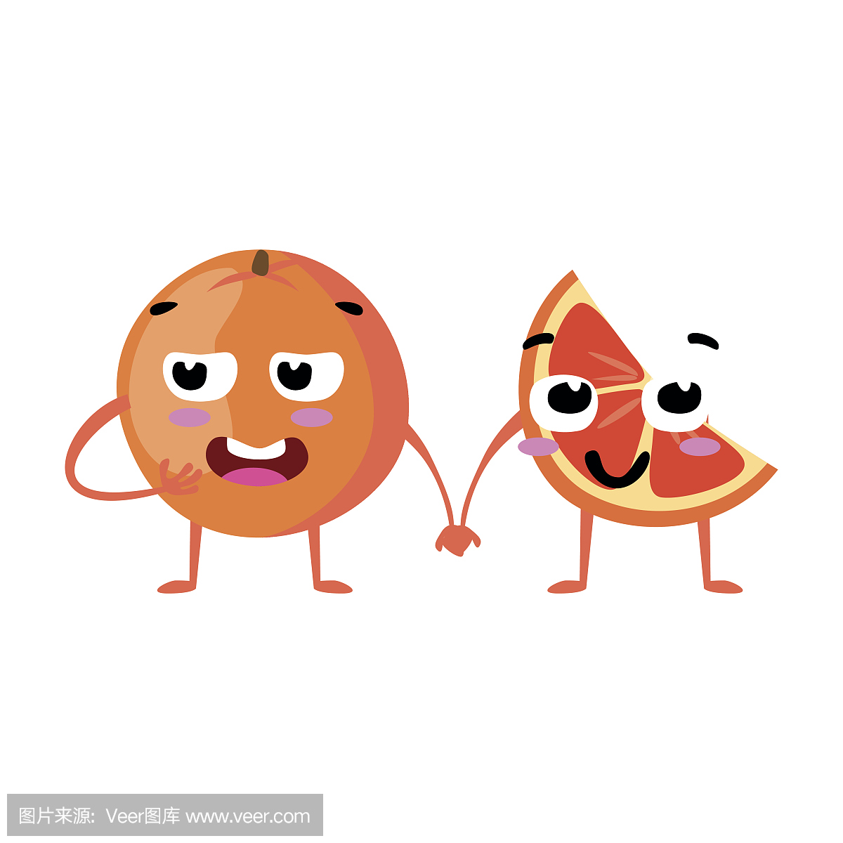 葡萄柚。可爱的水果矢量字符情侣孤立在白色背