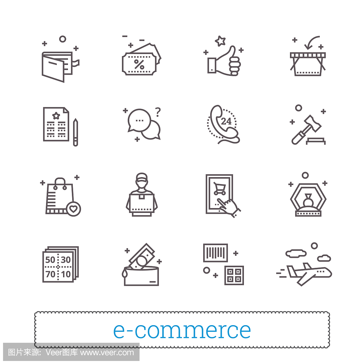 电子商务和零售购物细线图标。网上商店服务标