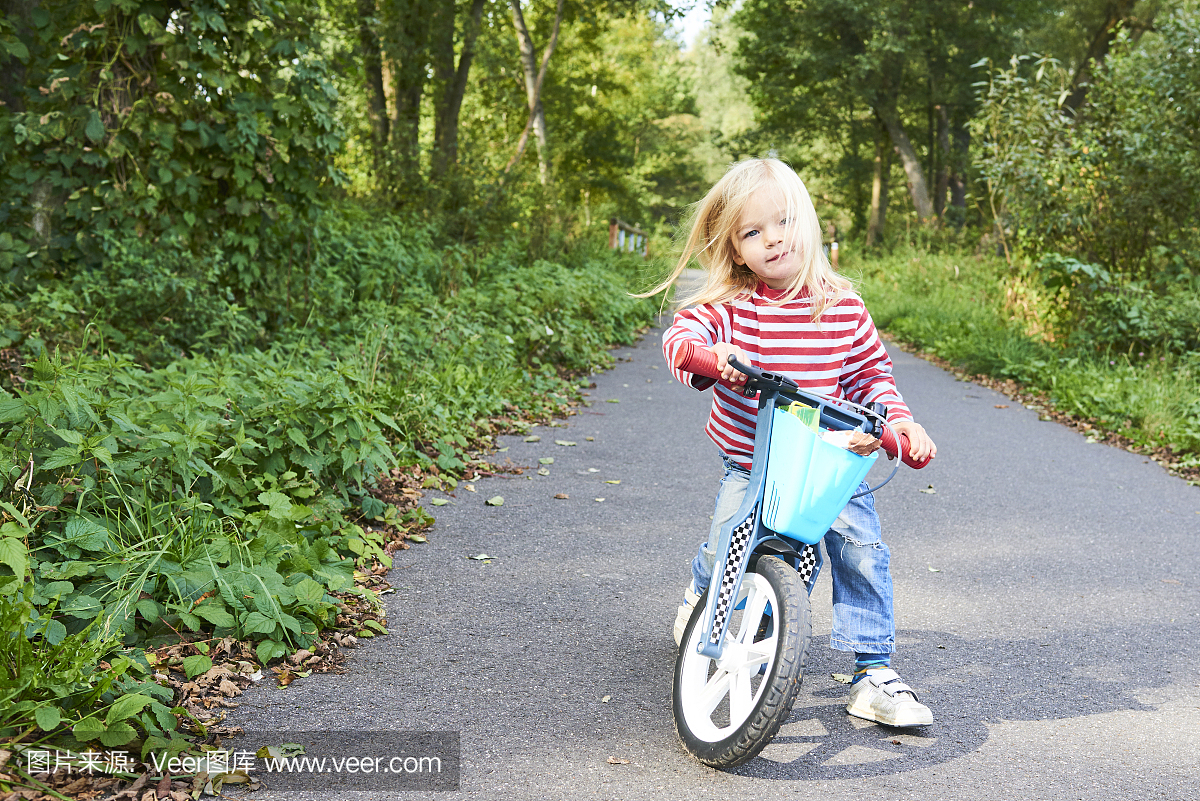 儿童骑行平衡自行车。孩子骑自行车在晴朗的公