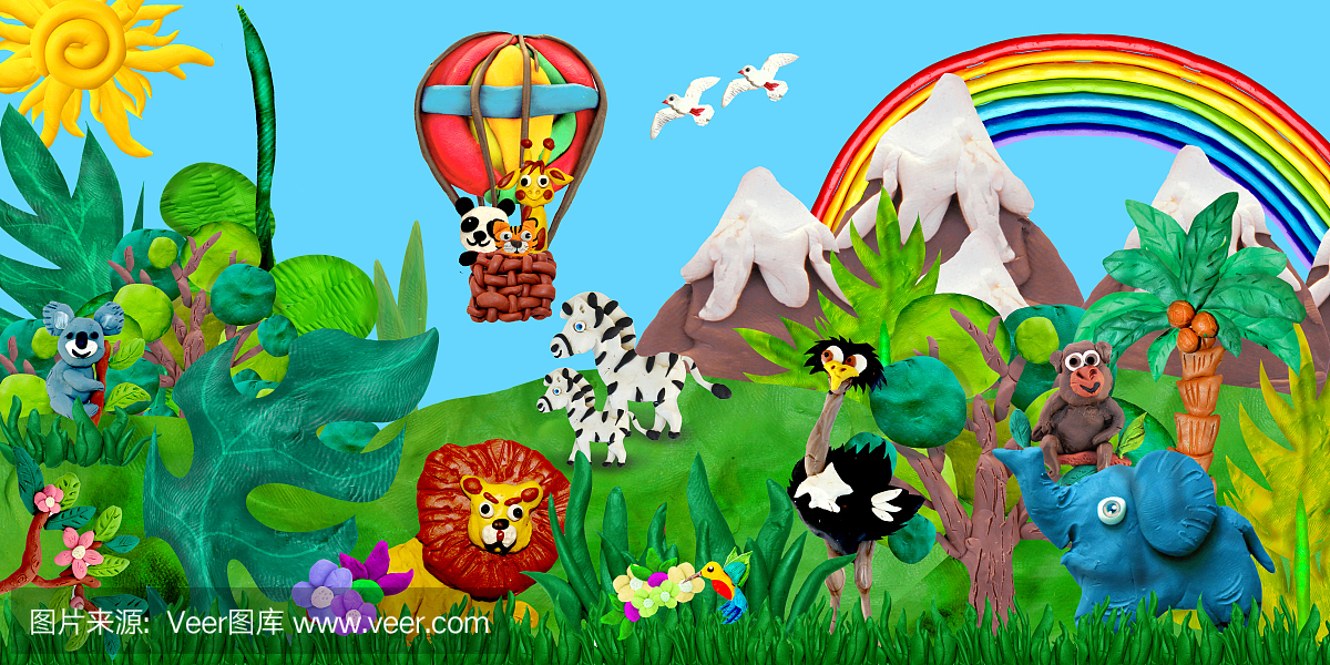 乘坐气球旅行动物园动物3D渲染儿童横幅插图