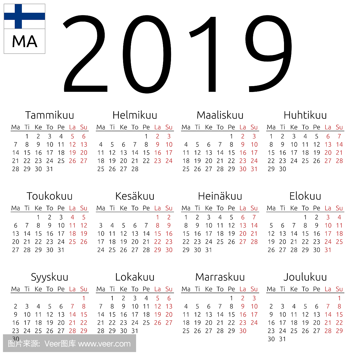 2019年日历,芬兰文,星期一