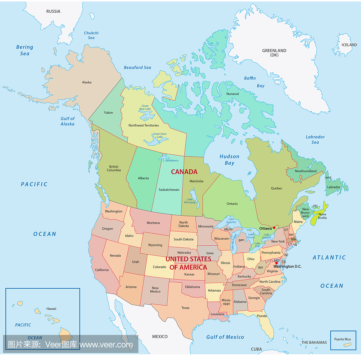 加拿大和联合斯泰斯行政和政治地图