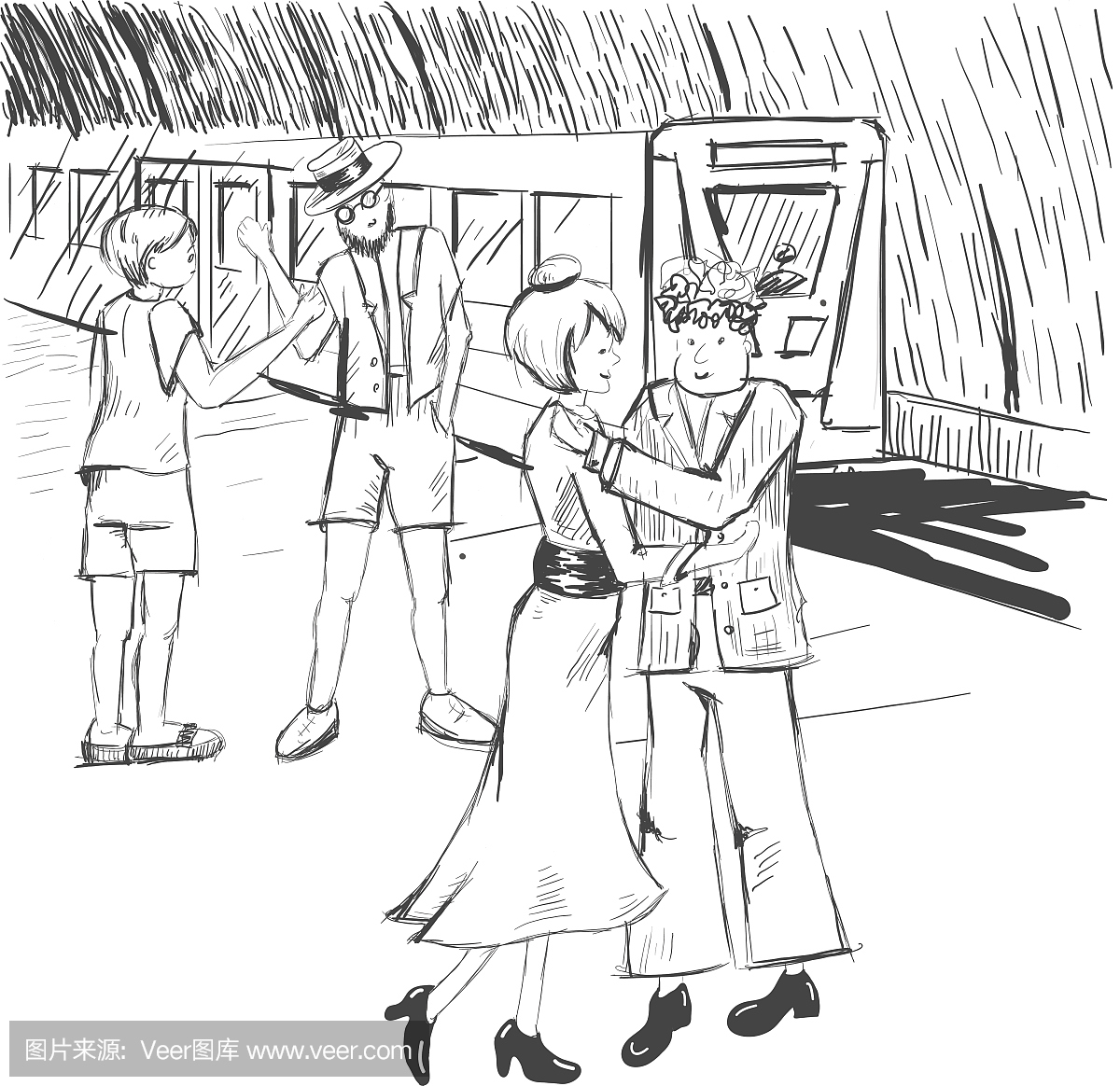 漫画。人们在地铁里说再见。一列火车。一个女