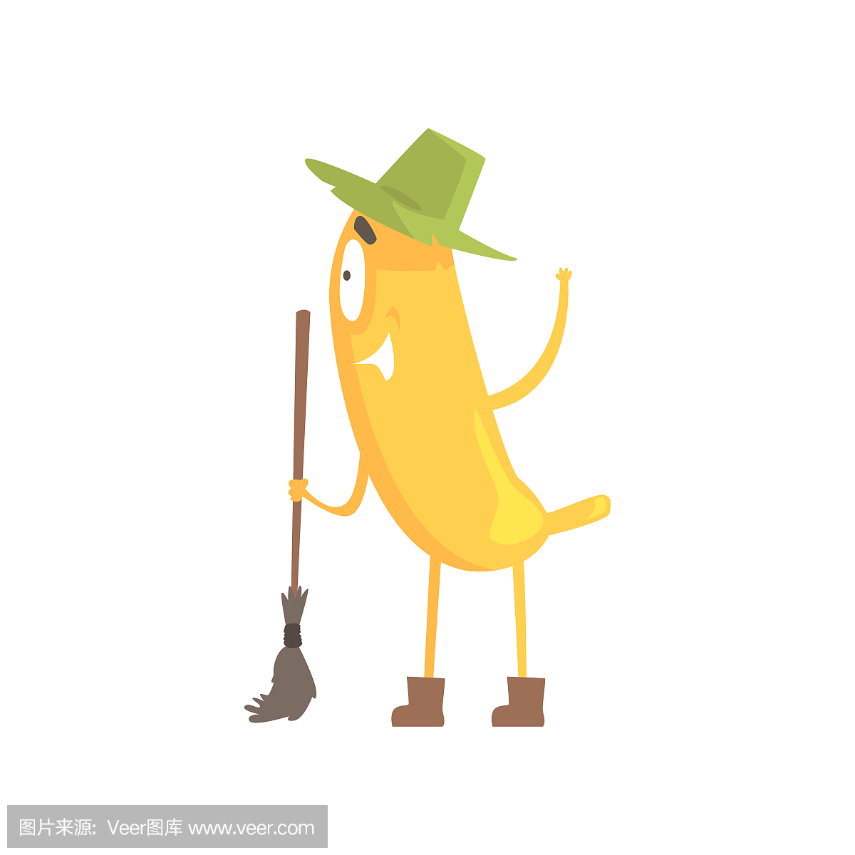 可爱有趣的香蕉,在绿色的帽子,拿着扫帚,卡通搞