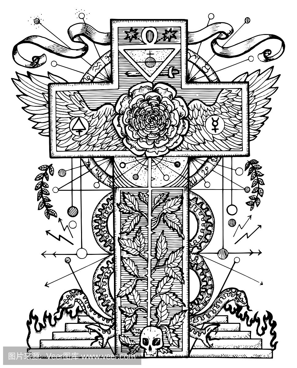 与十字架和玫瑰图形神秘图