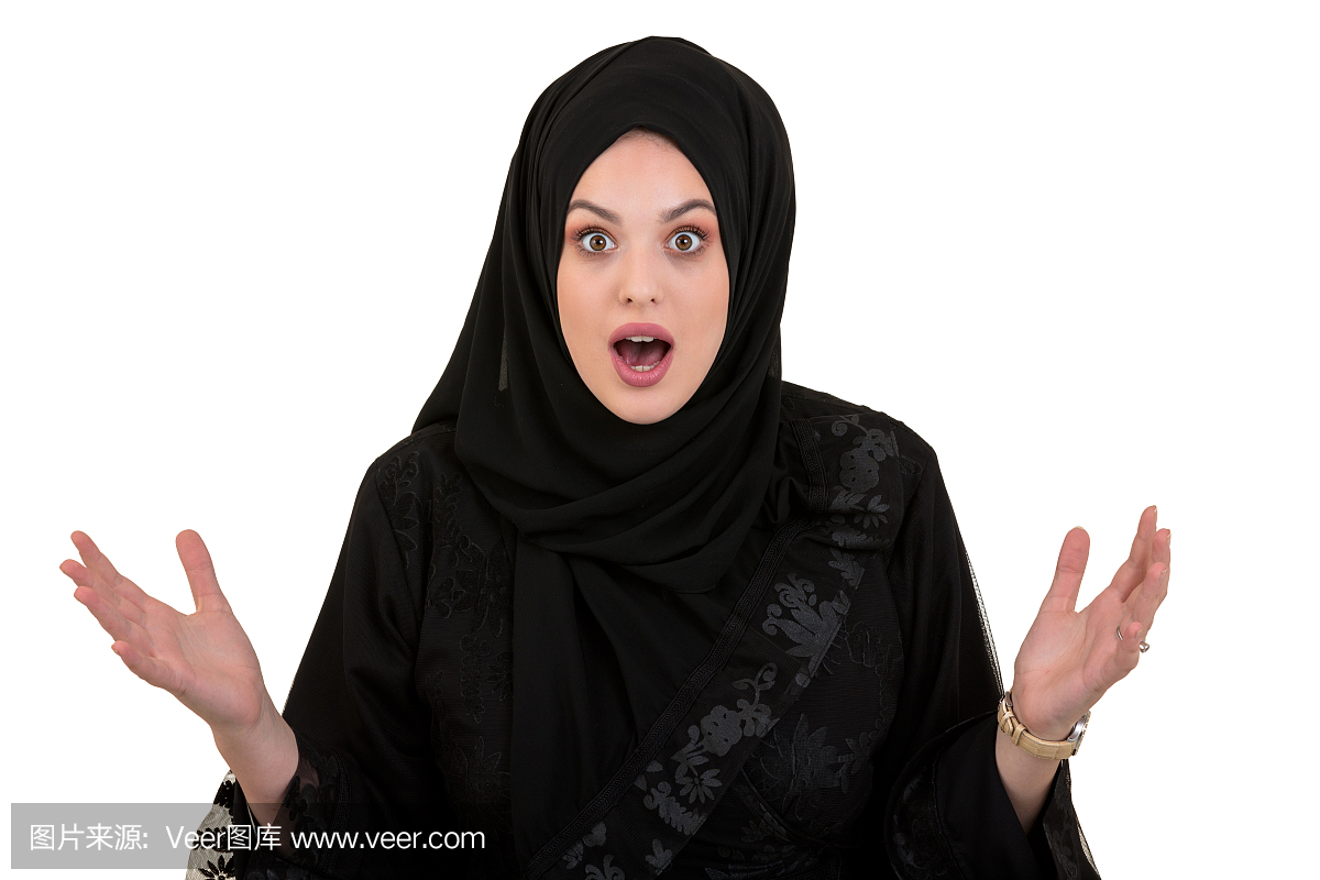 退出,惊讶穆斯林女人与头巾或头巾上白色孤立