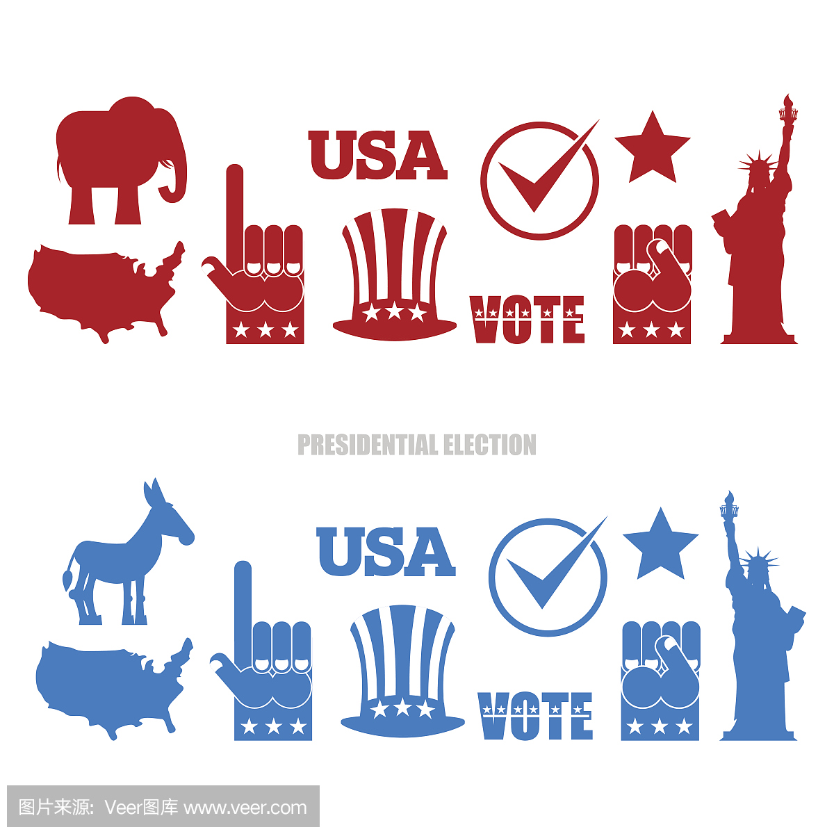 美国选举标志集。共和党大象和民主驴。美国政