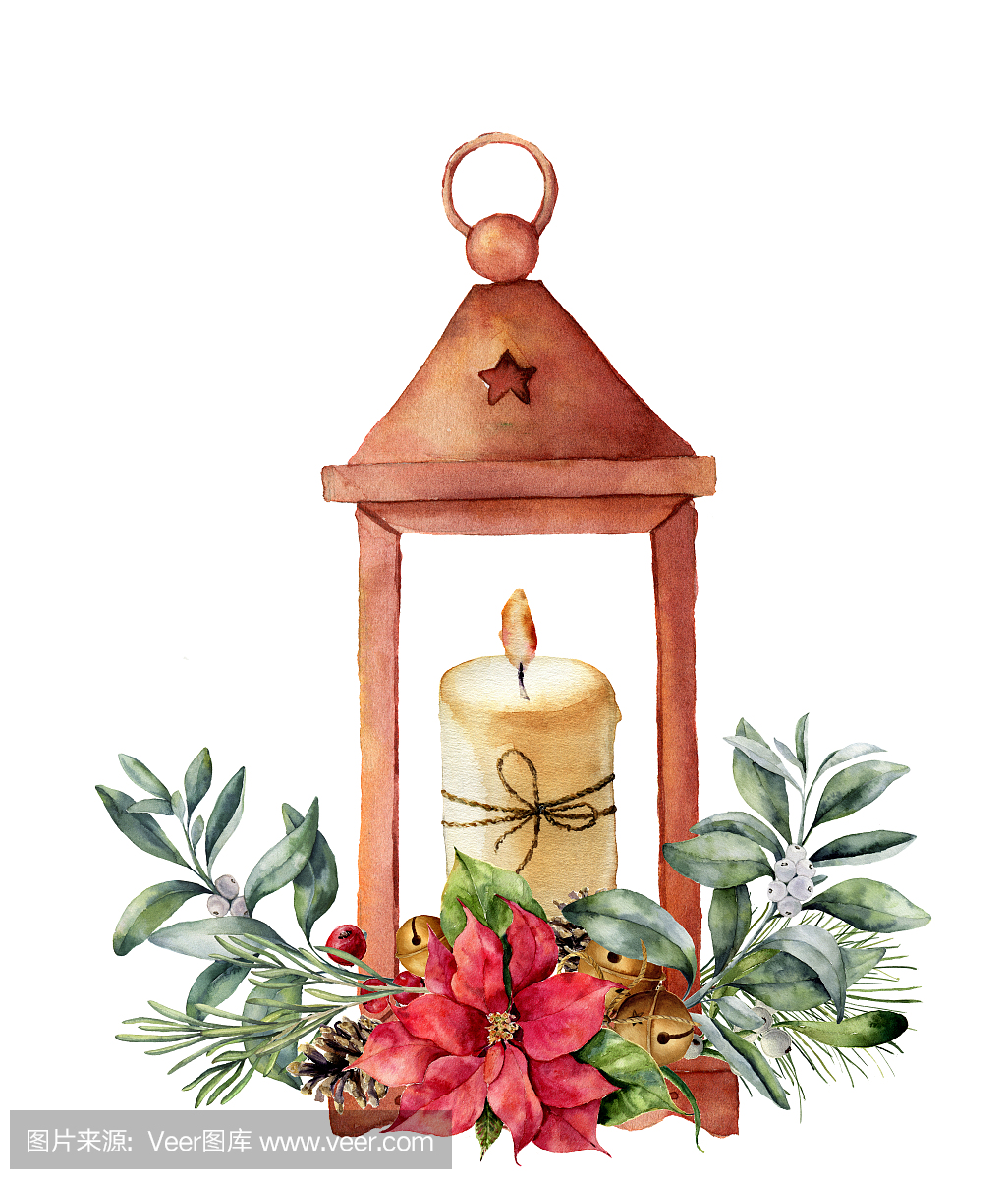 水彩圣诞彩灯蜡烛和装饰。手绘传统灯笼与孤立