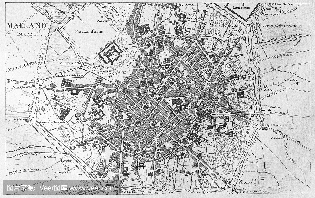 从1851年雕刻米兰意大利城市地图