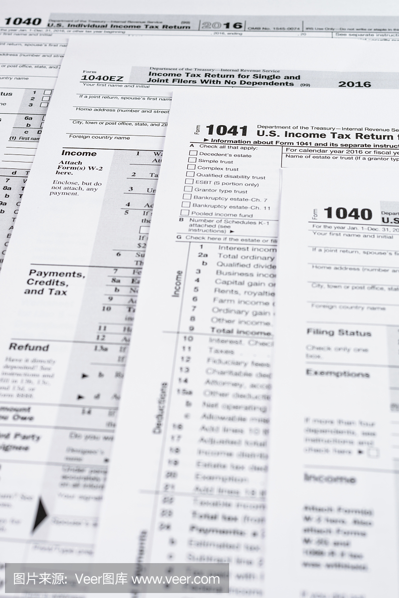 表1040个人所得税申报单。表格1041美国居屋