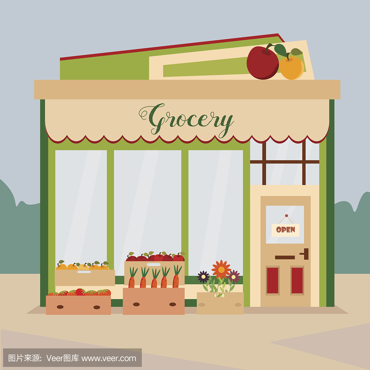 插图的杂货店,小店与当地的食物和蔬菜