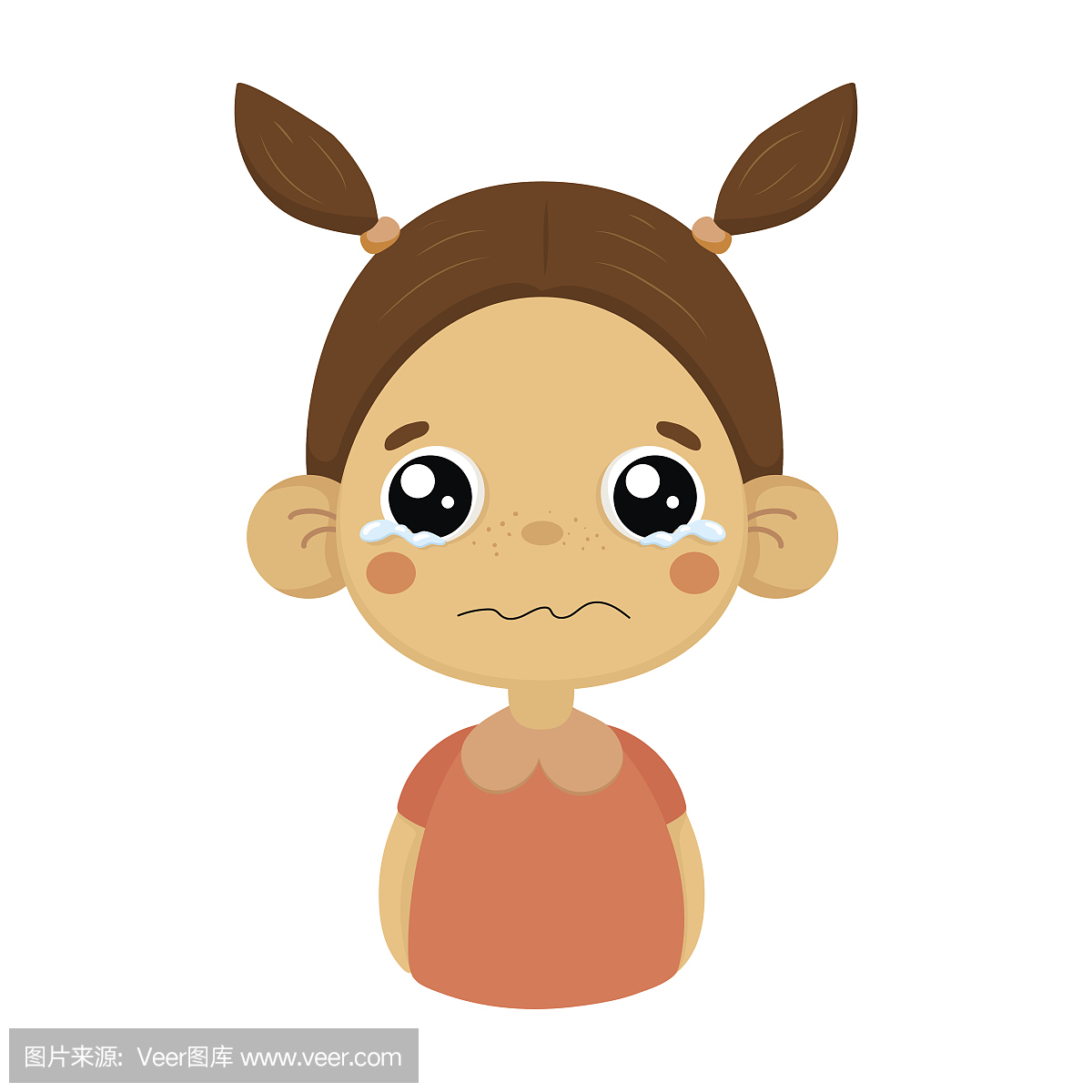 哭泣的小女孩平坦的卡通肖像表情符号与情感面