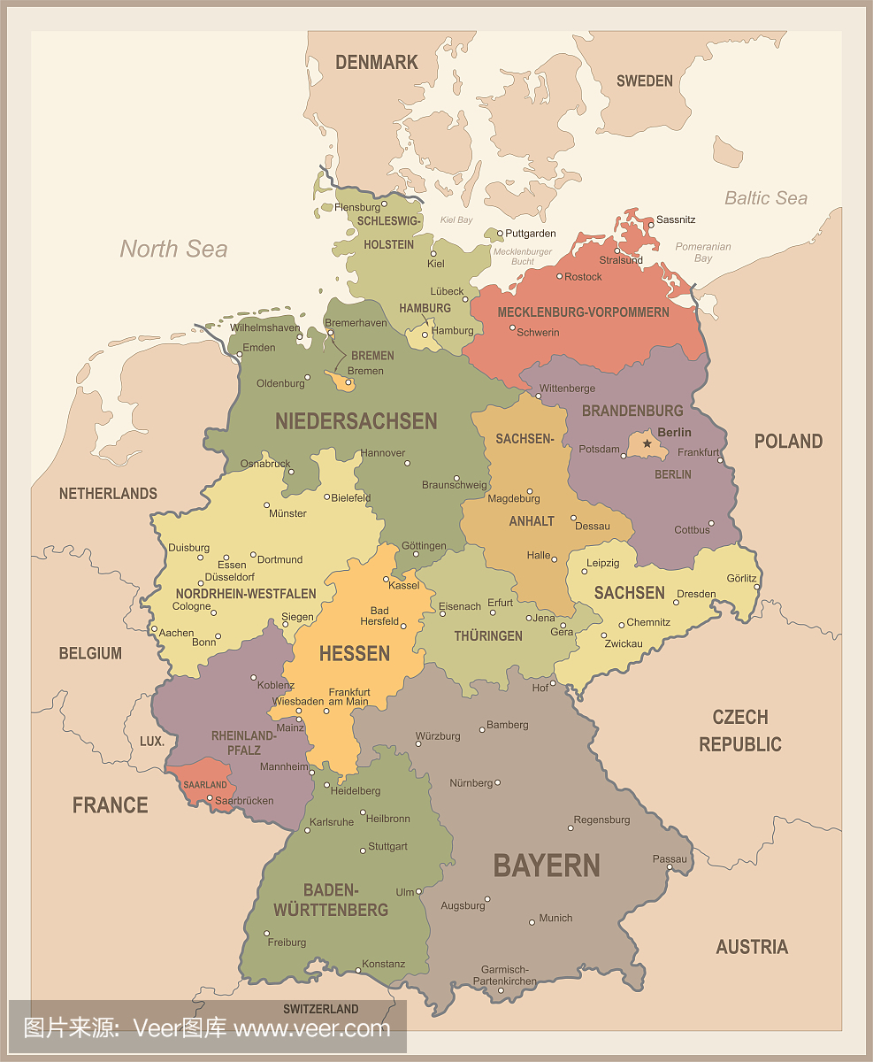 德国地图 - 葡萄酒矢量图