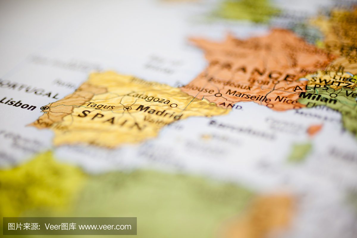 国家:西欧国家地图。专注于法国,西班牙。