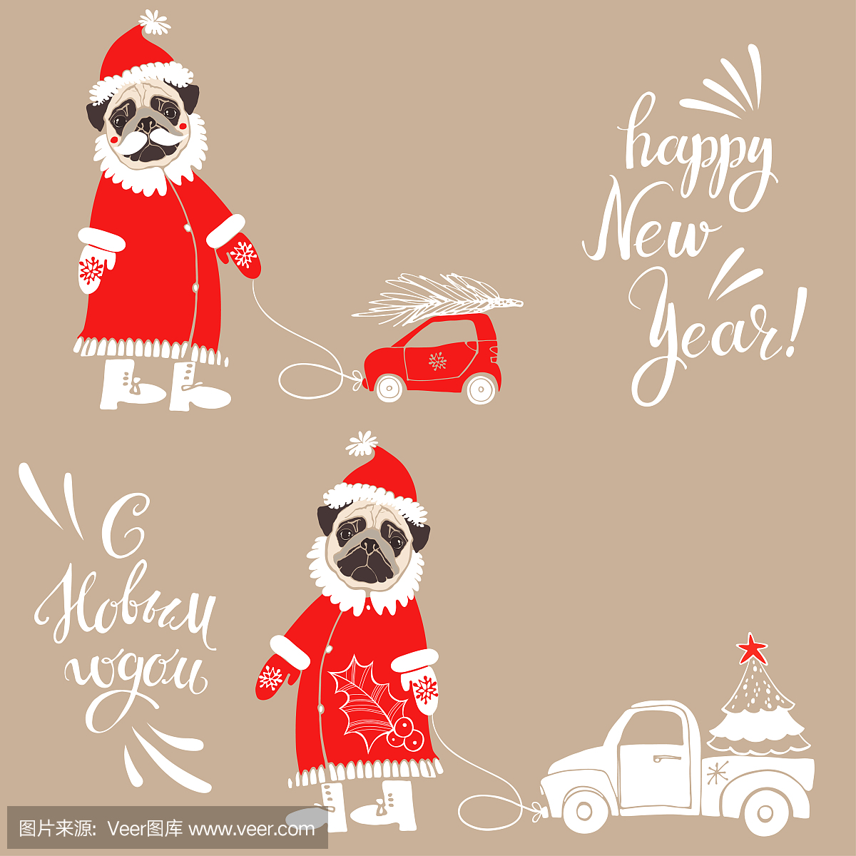 帕格在圣诞老人服装与汽车和圣诞树。用俄语和