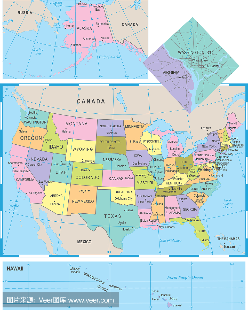 美国地图 - 矢量插图
