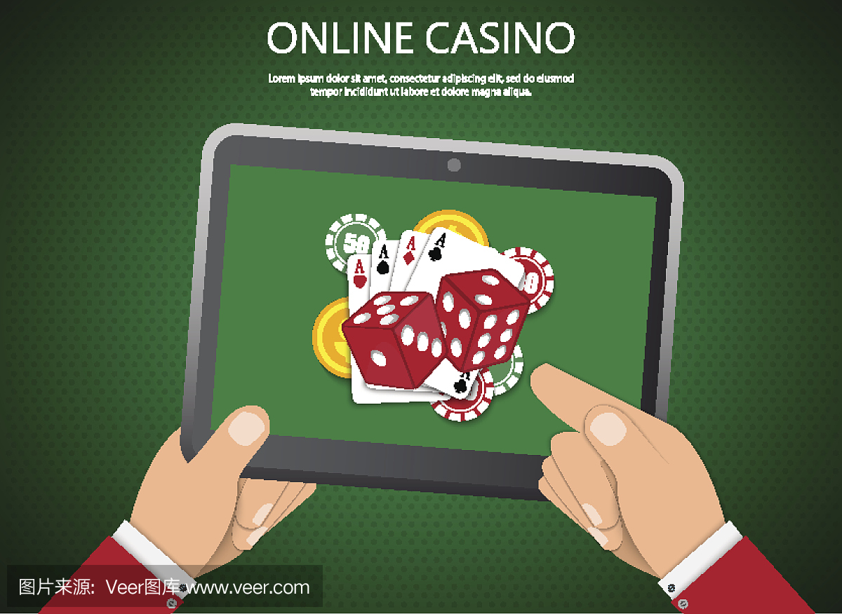 在线赌场设计海报横幅。平板电脑与扑克芯片和