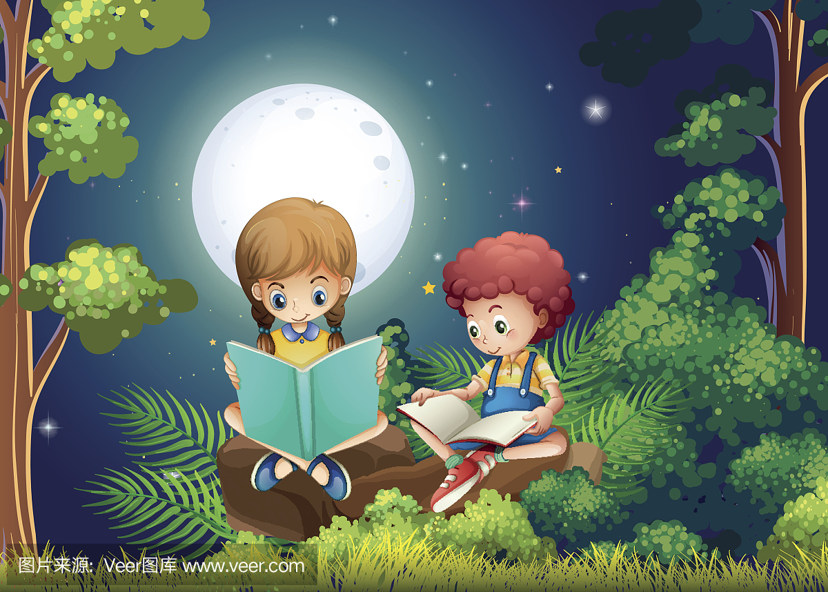 男孩和女孩在晚上在树林里读书