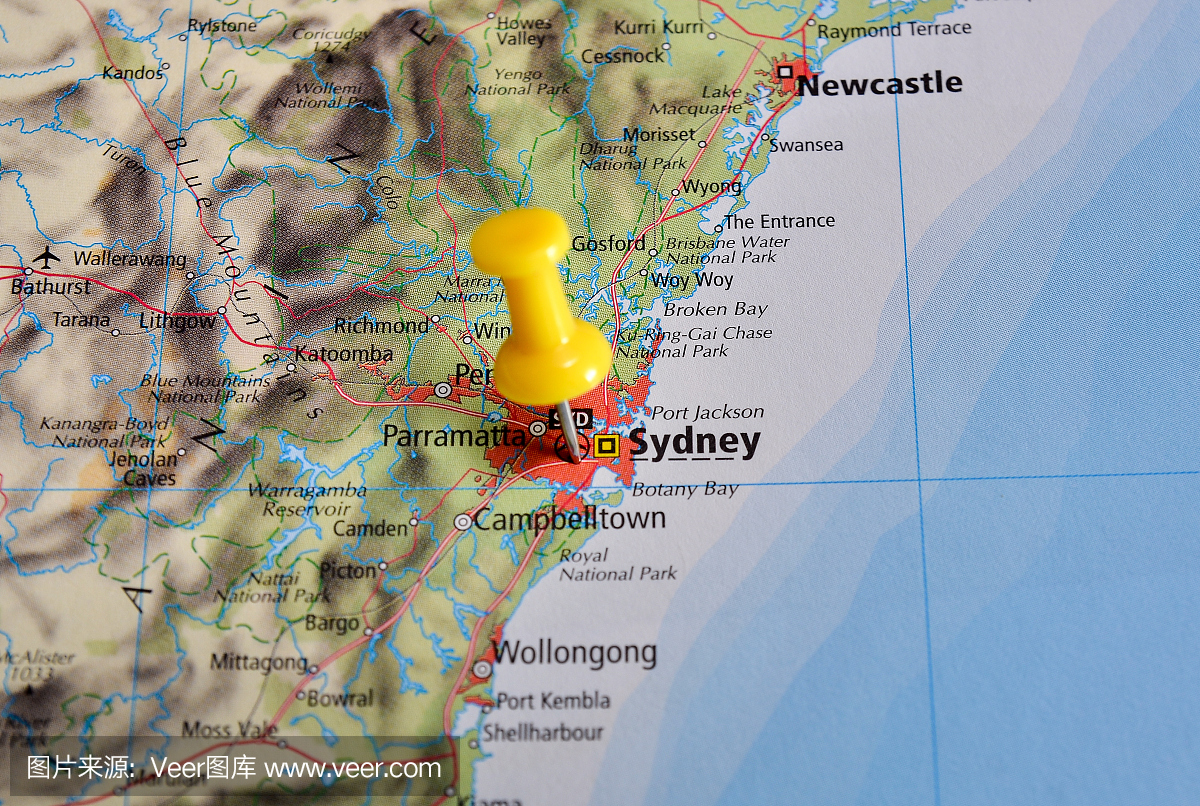 目的地悉尼,澳大利亚在地图上的特写镜头