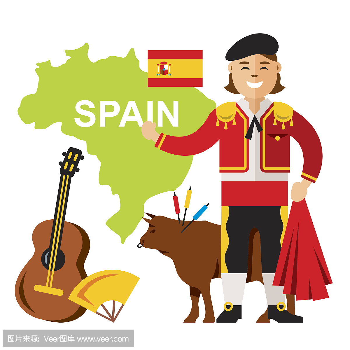 矢量旅行概念西班牙。平的风格多彩的卡通插图