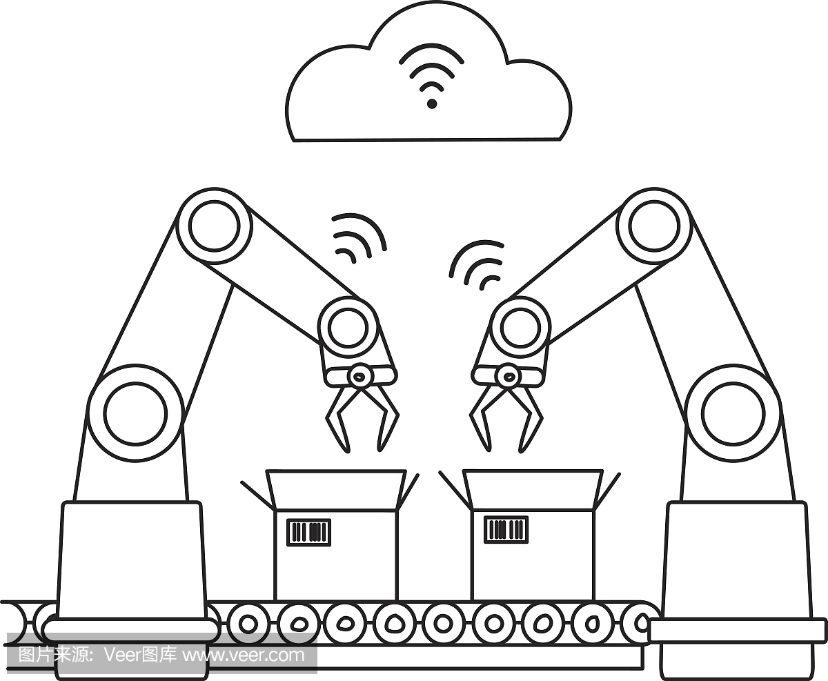 工业4.0无线网络机器人组装线。未填充的线条
