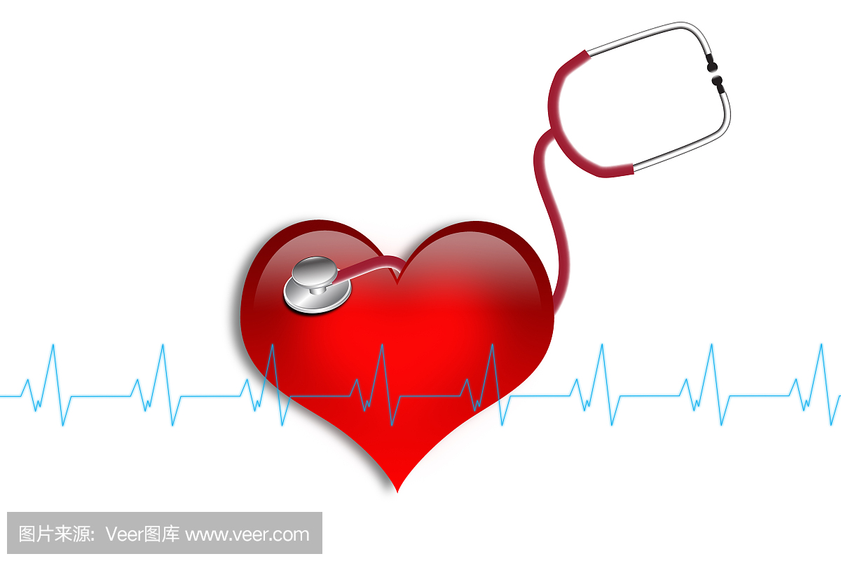 在白色背景上的心跳标志的红色心脏听诊器,医
