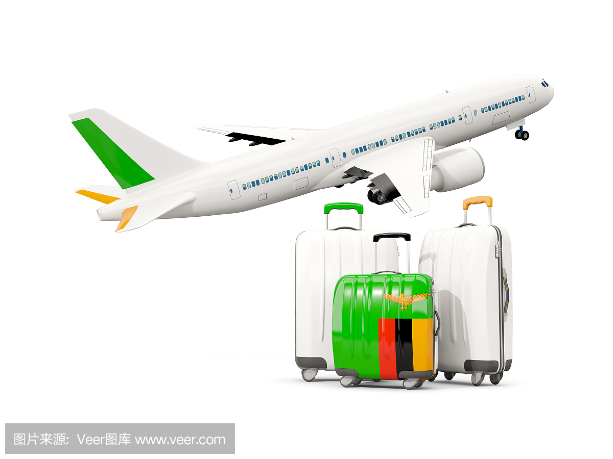 行李与赞比亚国旗。三包带飞机