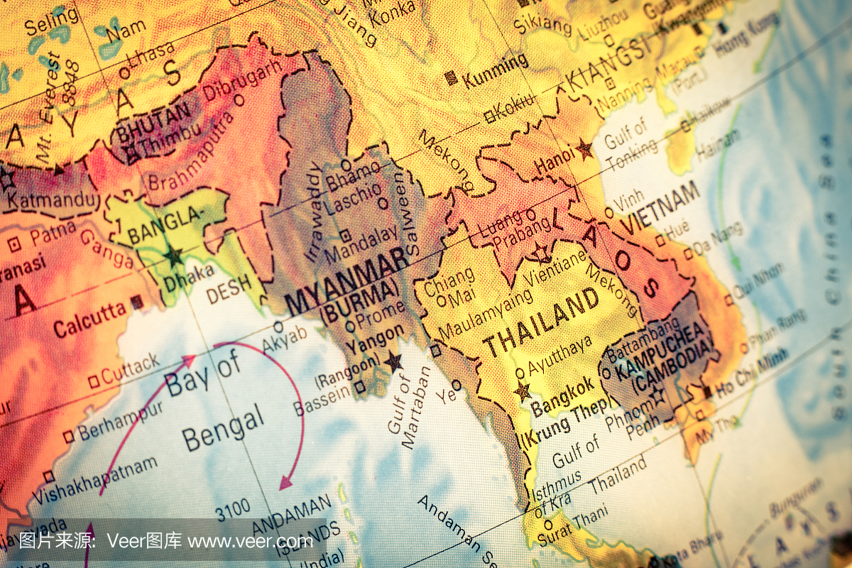 泰国和老挝地图。特写图像