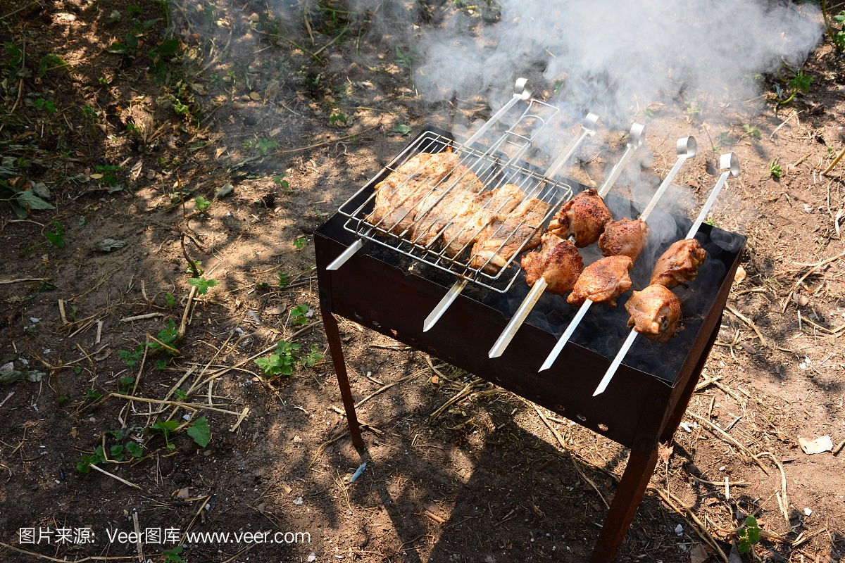 准备,烹饪烤肉串在木炭户外