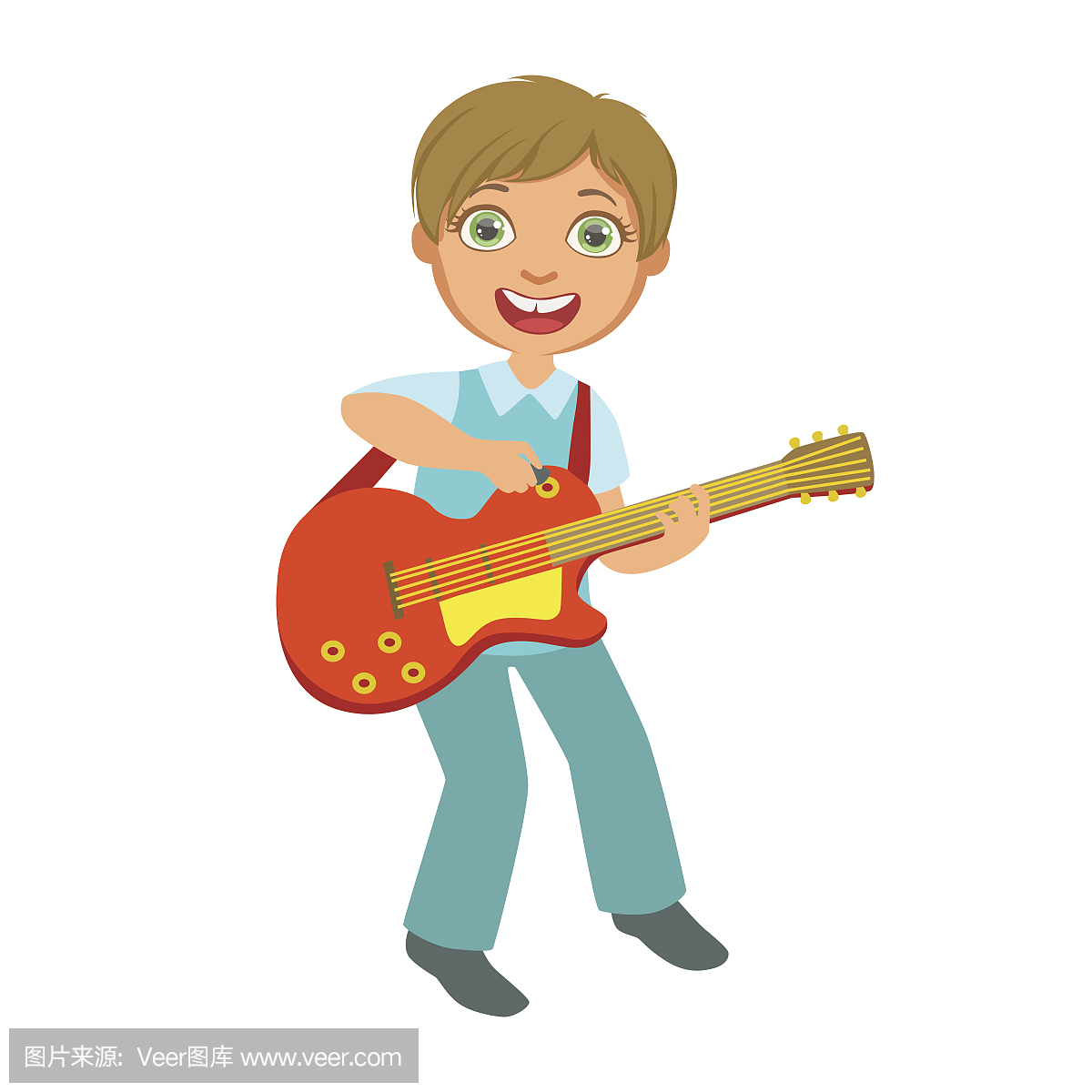 男孩玩电吉他,小孩在舞台上演出,学校展示与音
