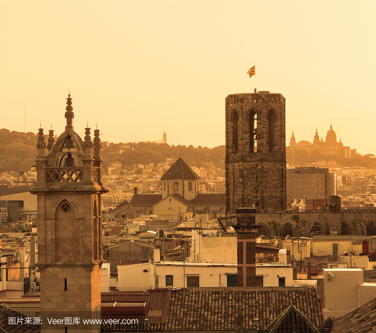 巴塞罗那的旧城区的顶视图与日落时在前台的旗