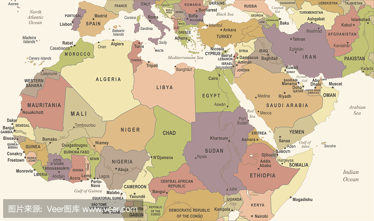 North Africa Map - Vintage Vector Illustration