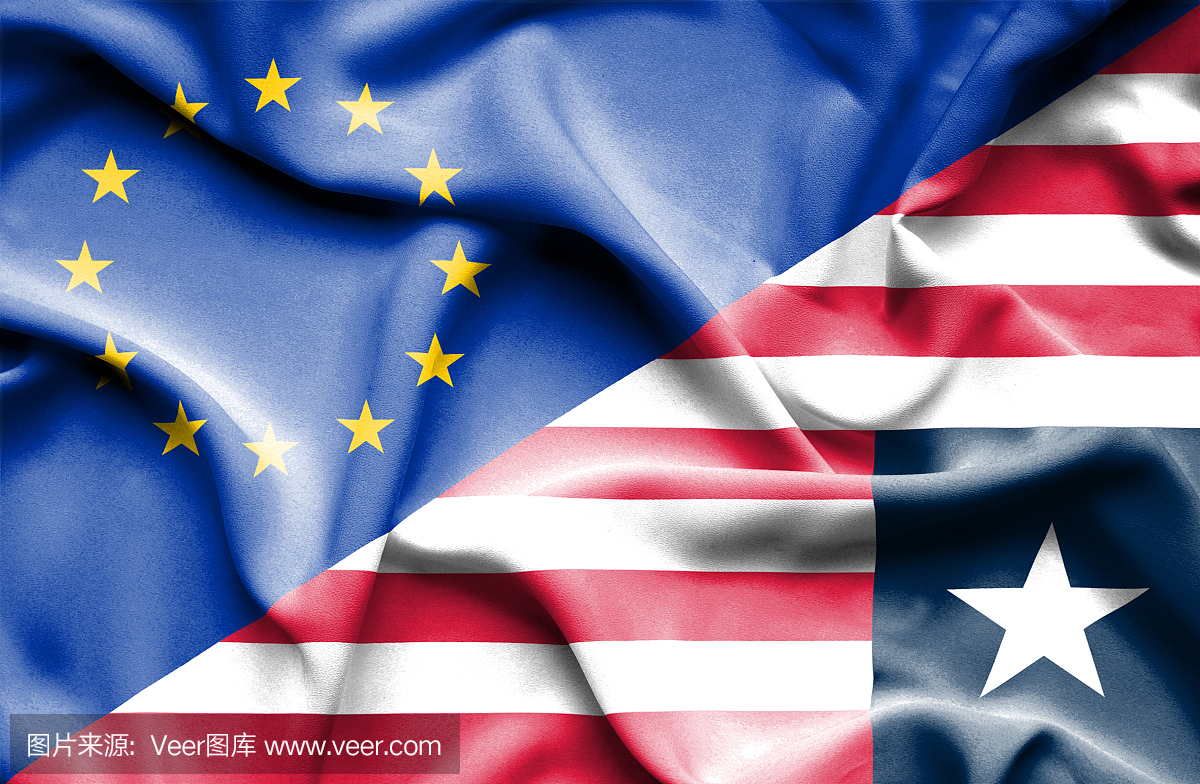 挥舞旗帜的利比里亚和欧盟