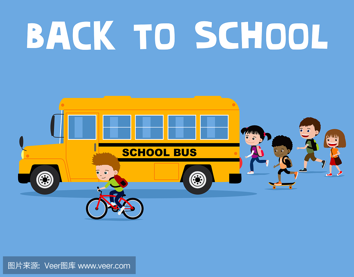 回到学校插图:卡通孩子跑到公共汽车
