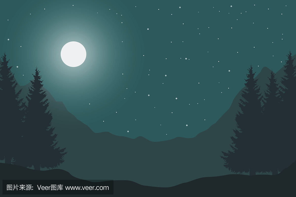 矢量平面插图的一个全景的夜景山景观与天空下
