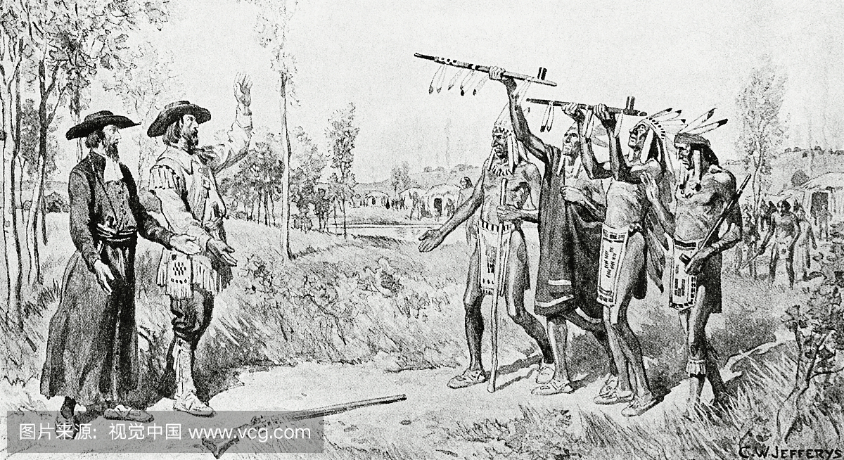 和平谈判印度人和先驱者,雕刻,美国,19世纪