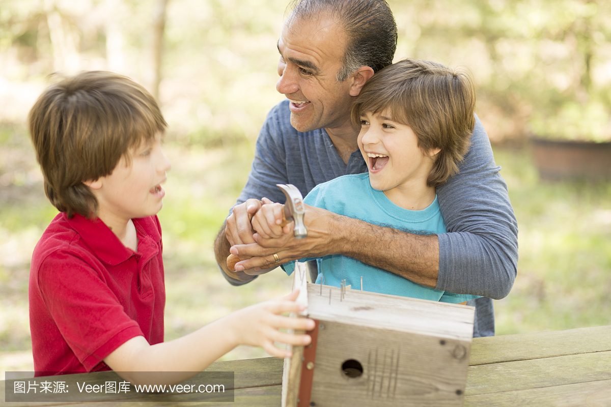 父亲和两个儿子在户外建造鸟舍。家人在一起的