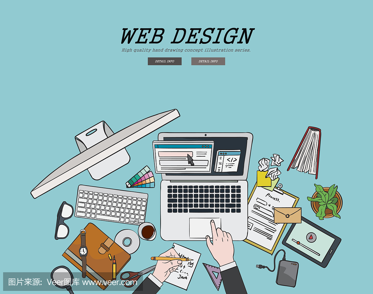 绘制平面设计图自由职业者网页设计编码概念。