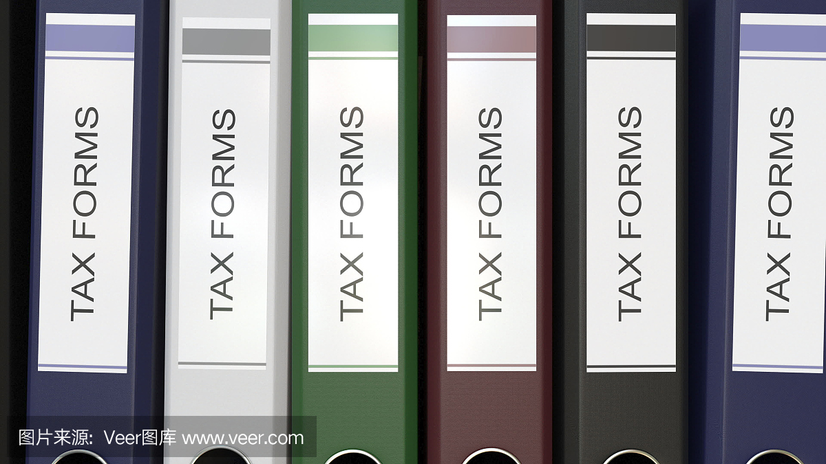 多个办公室文件夹与税表格文本标签3D渲染