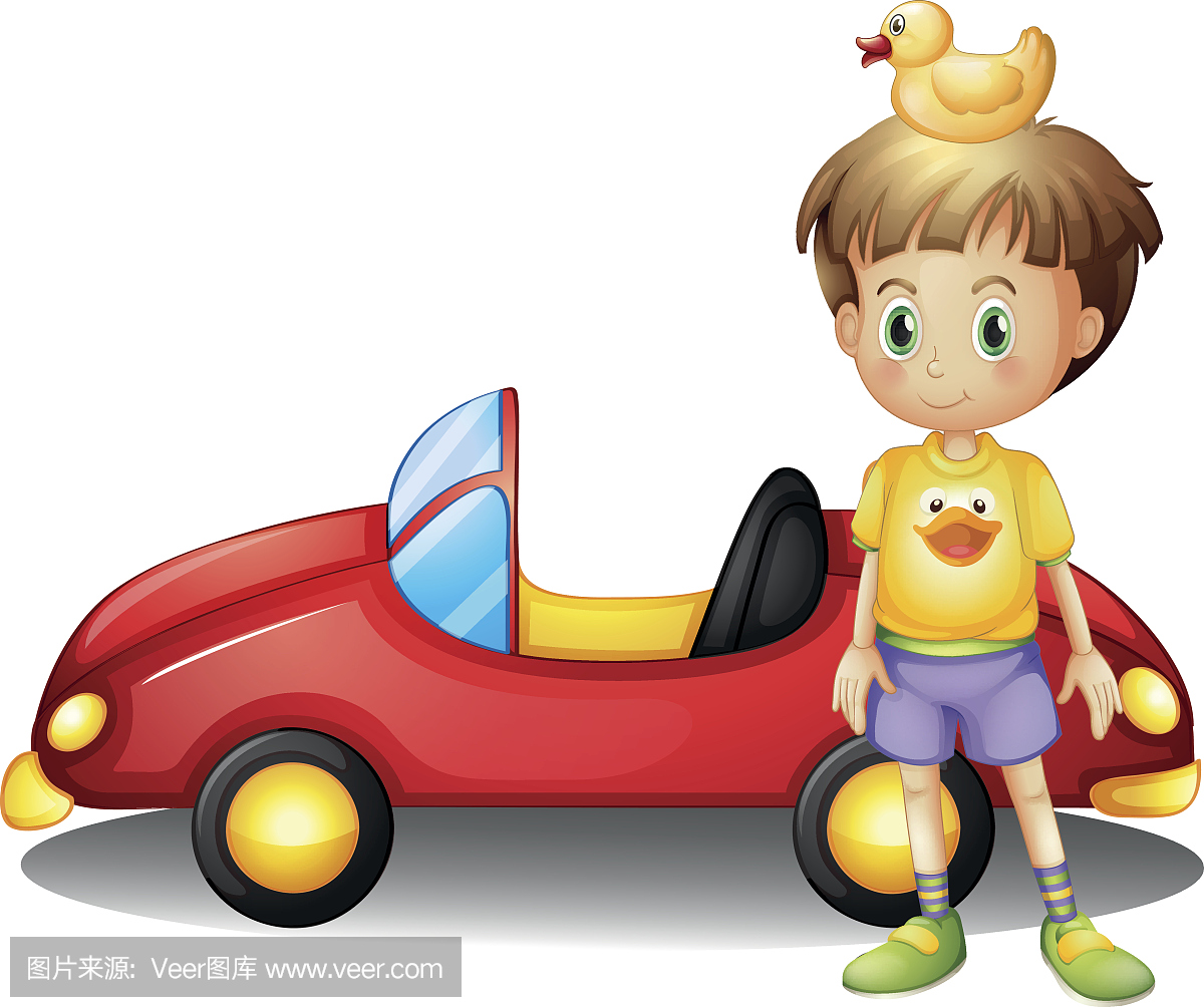 橡胶鸭和一个大玩具车的小男孩