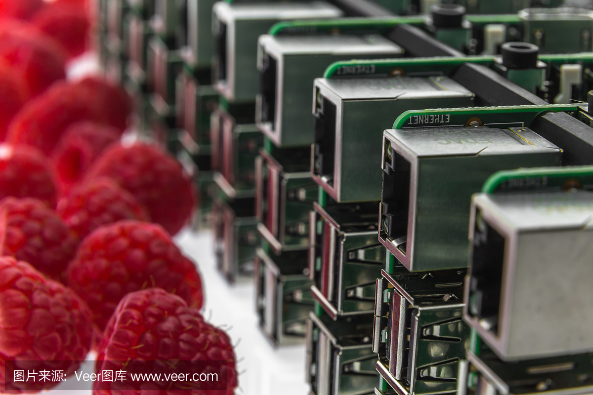 电路板和几个覆盆子的许多连接器