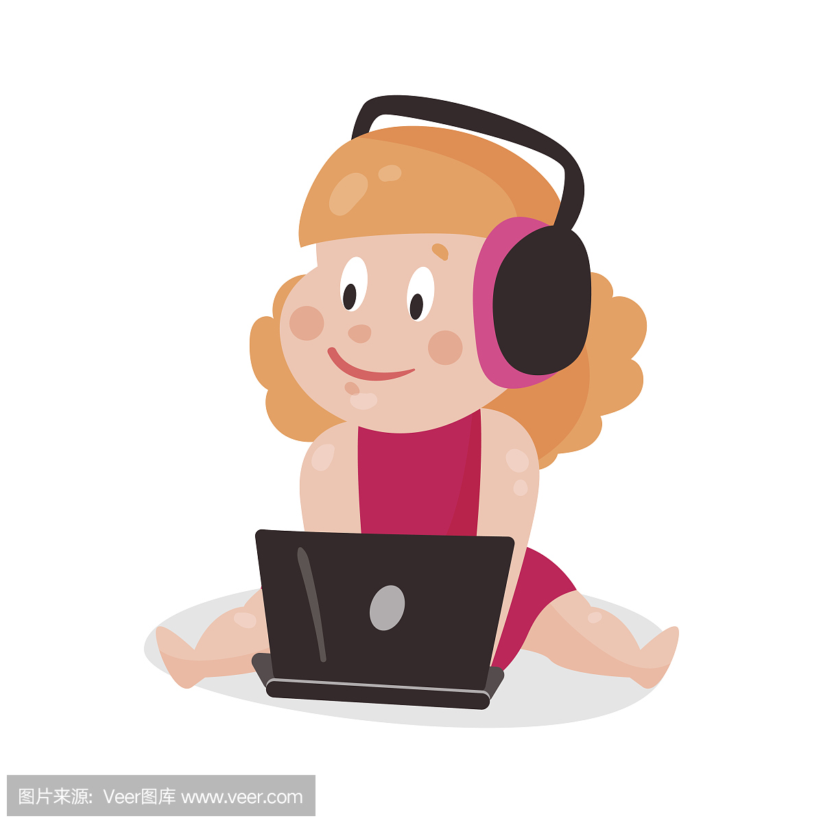 可爱音乐通小女孩坐在美女上的的卡和听耳机使留地板生图片