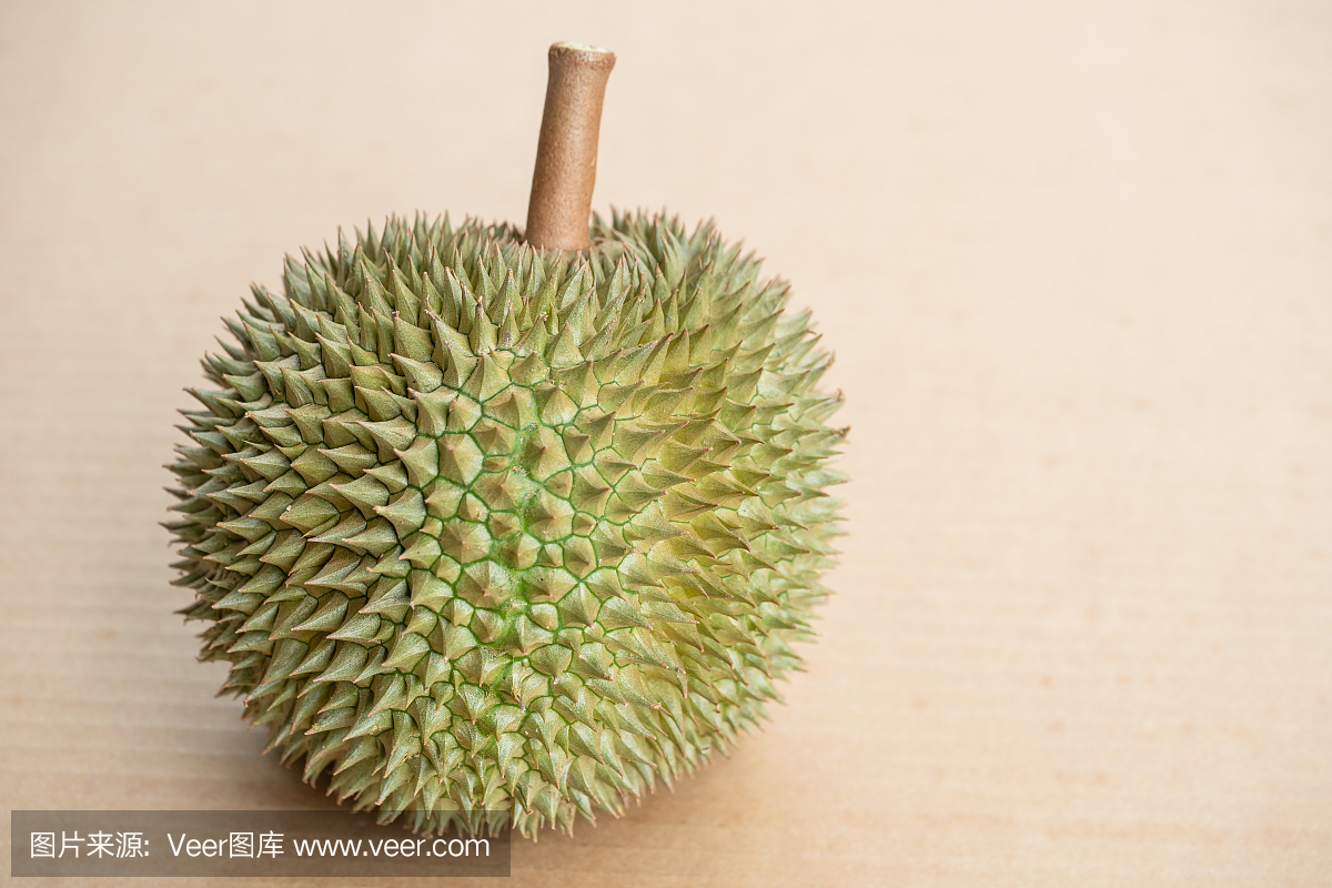 榴莲被放在棕色纸的背景上。热带时令水果,来