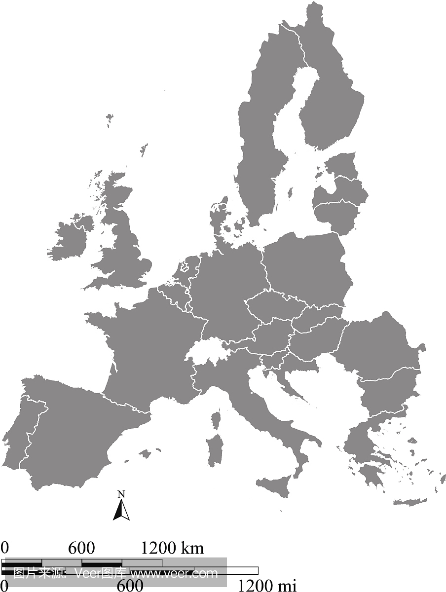 欧洲联盟地图轮廓矢量与里程和公里的比例