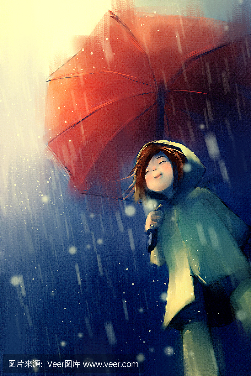 数字绘画的女孩在雨中的红色雨伞,在画布上的
