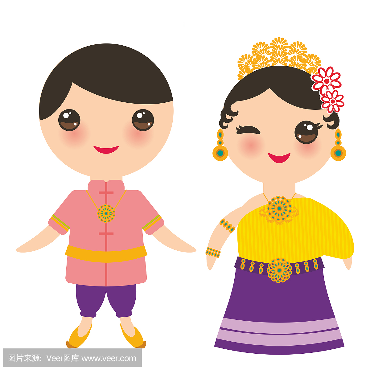 泰国的卡哇伊男孩和女孩在民族服装和帽子。在