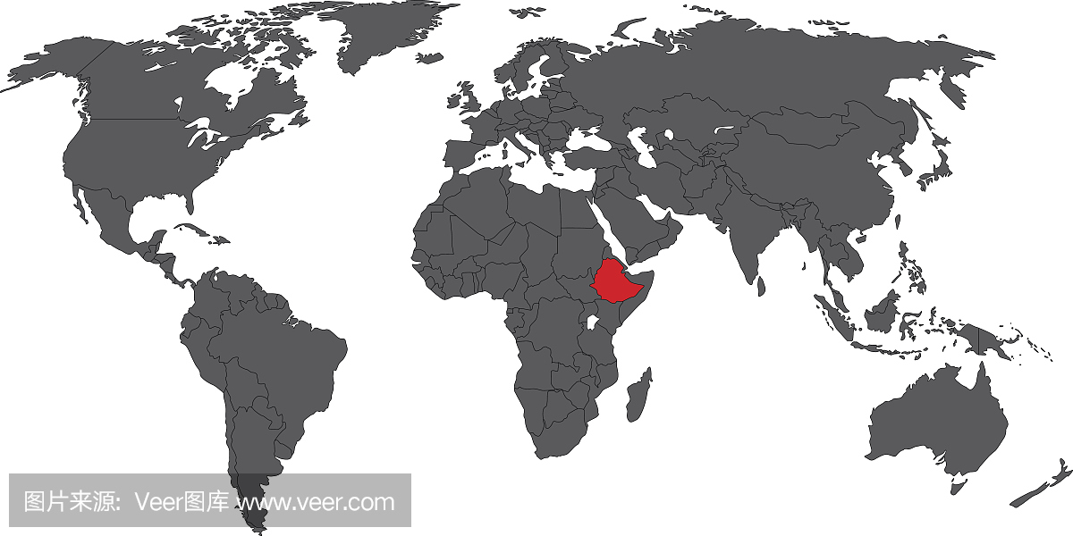 埃塞俄比亚红色在灰色世界地图矢量图