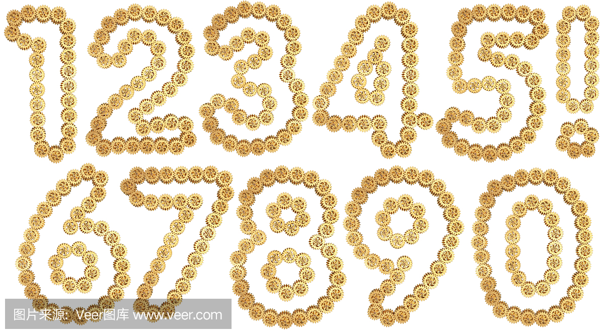 黄金齿轮机构数量。白色隔离3D图