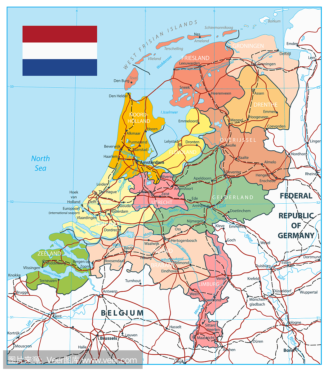 荷兰行政区划地图和道路