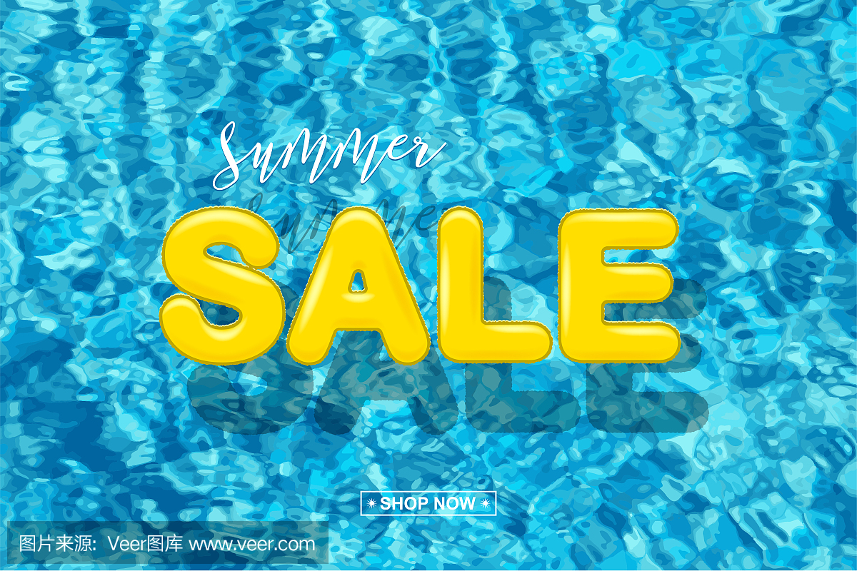 夏天销售设计观念。黄色出售单词由蓝色的水背